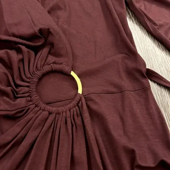 EUC Trina Turk Mahalo Burgundy Jersey Wrap Dress Size 8 Long Sleeve Knee Length - Picture 9 of 15